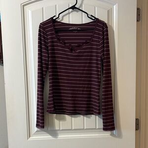 Aeropostale Burgundy and White Striped Long Sleeve Top